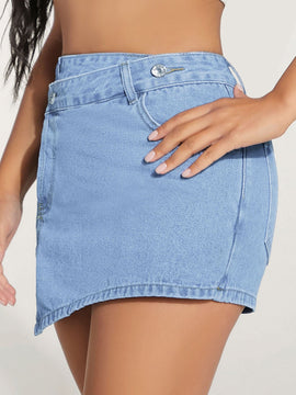 PETITE Skort mezclilla bajo asimetrico con boton delantero