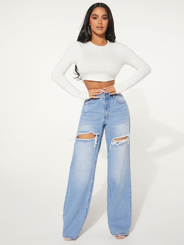 SXY Jeans con boton con abertura desgarro crudo de pierna ancha