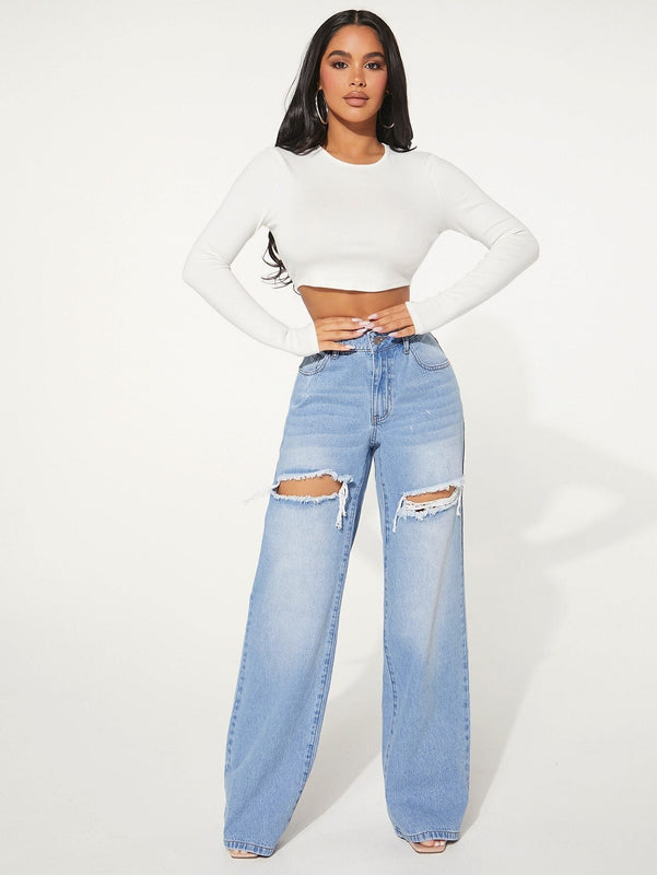 SXY Jeans con boton con abertura desgarro crudo de pierna ancha