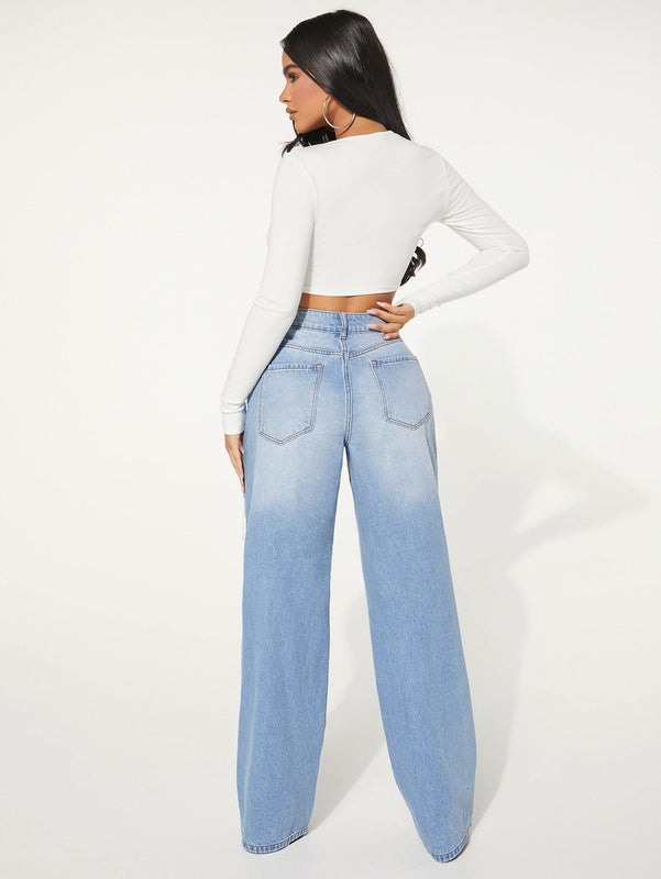 SXY Jeans con boton con abertura desgarro crudo de pierna ancha
