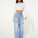 SXY Jeans con boton con abertura desgarro crudo de pierna ancha