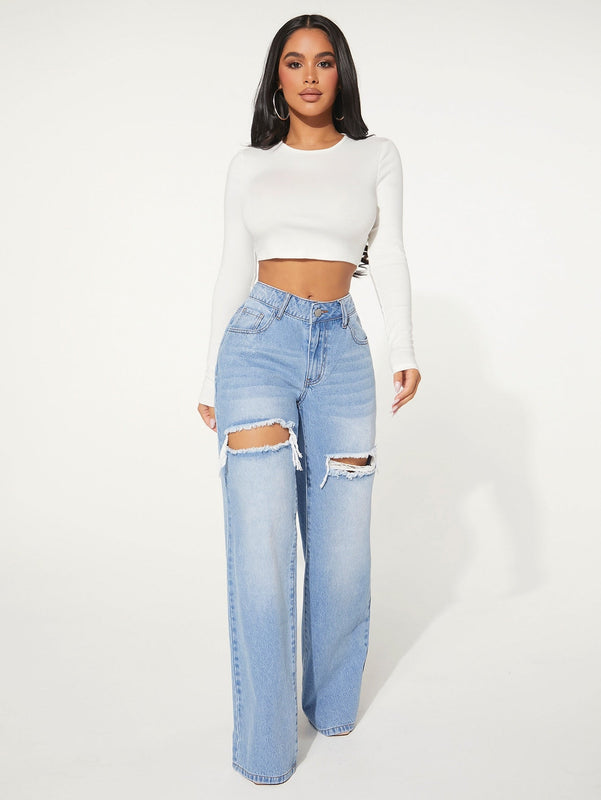 SXY Jeans con boton con abertura desgarro crudo de pierna ancha