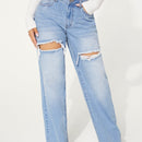 SXY Jeans con boton con abertura desgarro crudo de pierna ancha