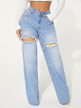 SXY Jeans con boton con abertura desgarro crudo de pierna ancha