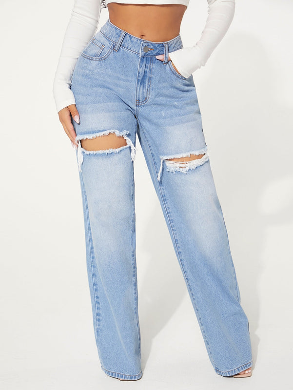 SXY Jeans con boton con abertura desgarro crudo de pierna ancha