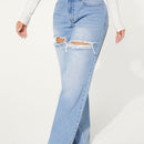 SXY Jeans con boton con abertura desgarro crudo de pierna ancha