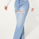 SXY Jeans con boton con abertura desgarro crudo de pierna ancha