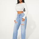 SXY Jeans con boton con abertura desgarro crudo de pierna ancha