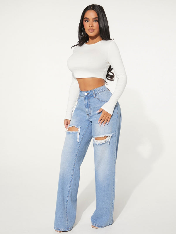 SXY Jeans con boton con abertura desgarro crudo de pierna ancha