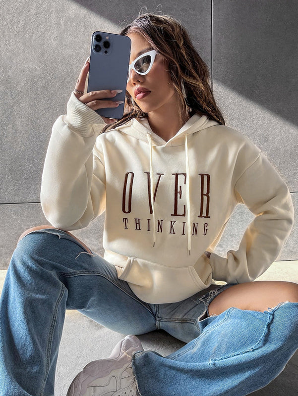 Moosta sudadera con capucha de manga larga para mujer con bordado de letras y bolsillo, para uso casual diario