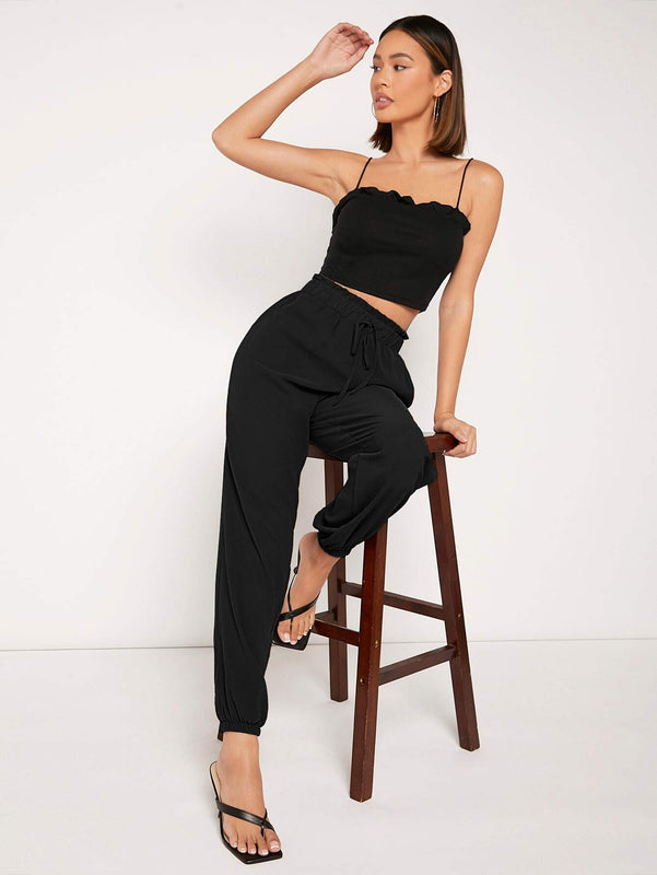 LUNE Pantalones de cintura con volante de cintura con nudo