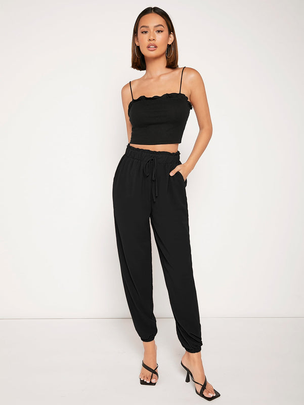 Lune pantalones de cintura con volante de cintura con nudo