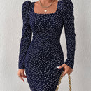 Prive Vestido ajustado con estampado de corazon de manga farol de lunares