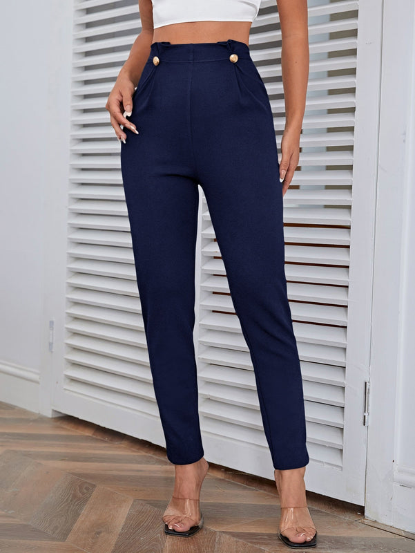 Pantalones casuales de traje negro de cintura alta para mujer con ajuste cenido y piernas anchas de 7-9cm