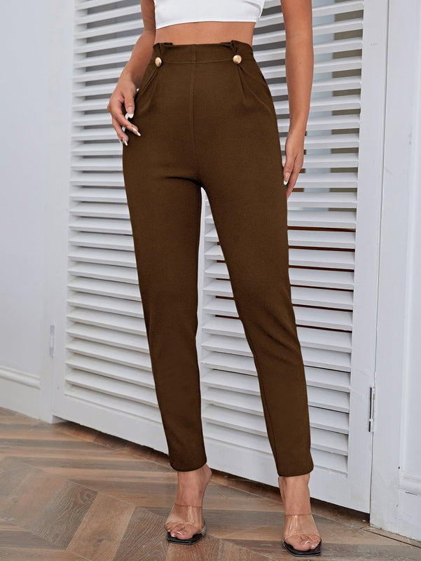 Pantalones casuales de traje negro de cintura alta para mujer con ajuste cenido y piernas anchas de 7-9cm