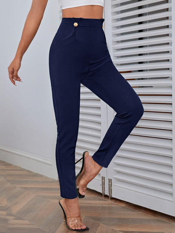 Pantalones casuales de traje negro de cintura alta para mujer con ajuste cenido y piernas anchas de 7-9cm