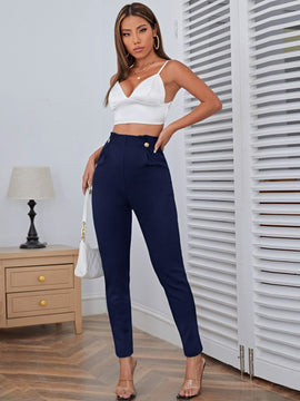 Pantalones casuales de traje negro de cintura alta para mujer con ajuste cenido y piernas anchas de 7-9cm