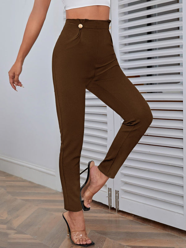 Pantalones casuales de traje negro de cintura alta para mujer con ajuste cenido y piernas anchas de 7-9cm