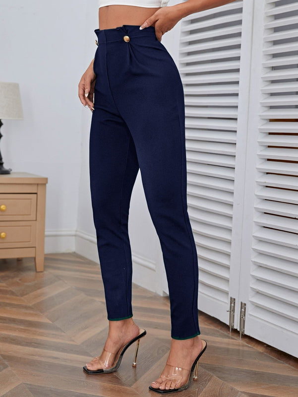 Pantalones casuales de traje negro de cintura alta para mujer con ajuste cenido y piernas anchas de 7-9cm