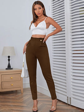 Pantalones casuales de traje negro de cintura alta para mujer con ajuste cenido y piernas anchas de 7-9cm