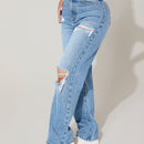Jeans de pierna recta cepillado de tela termico de talle alto desgarro