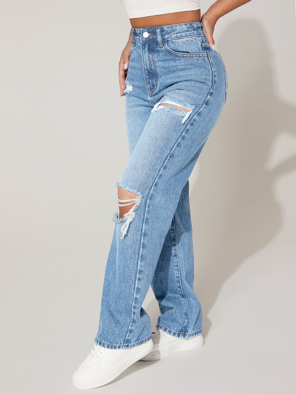 Jeans de pierna recta cepillado de tela termico de talle alto desgarro