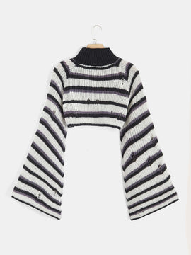 ROMWE Fairycore Jersey de rayas de cuello cisne desgarro