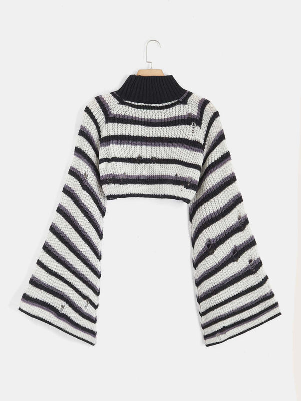 ROMWE Fairycore Jersey de rayas de cuello cisne desgarro