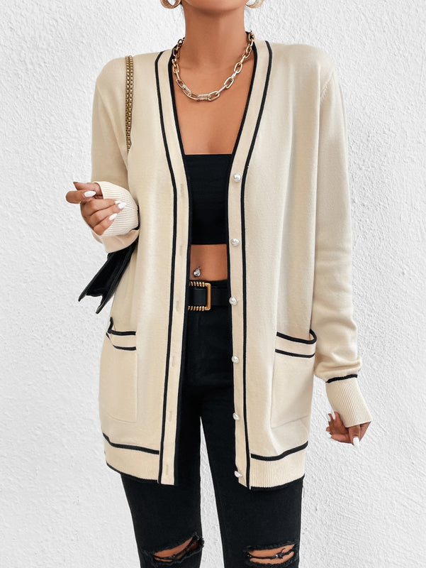 Essnce cardigan casual de bolsillo de mujer con manga larga de un solo botonadura a rayas, otono/invierno