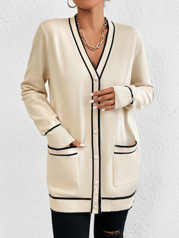Essnce cardigan casual de bolsillo de mujer con manga larga de un solo botonadura a rayas, otono/invierno