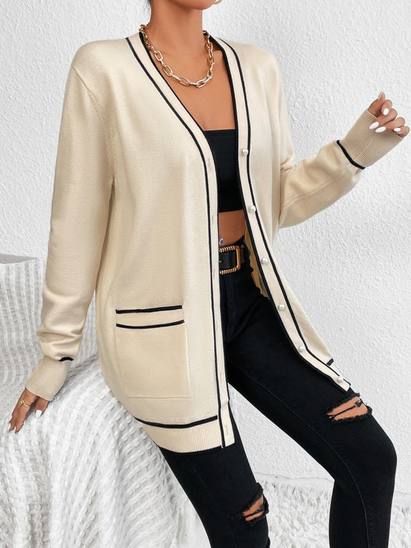 Essnce cardigan casual de bolsillo de mujer con manga larga de un solo botonadura a rayas, otono/invierno