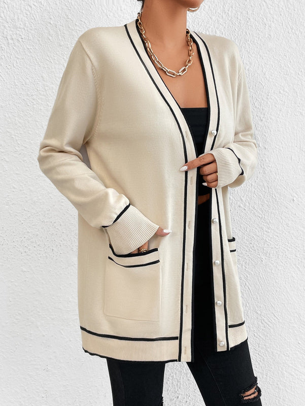 Essnce cardigan casual de bolsillo de mujer con manga larga de un solo botonadura a rayas, otono/invierno