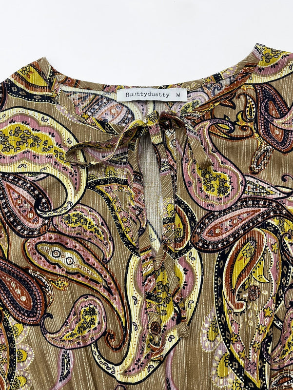 Rusttydustty Vestido con estampado de cintura fruncido de cuello con cordon de manga farol bajo con fruncido