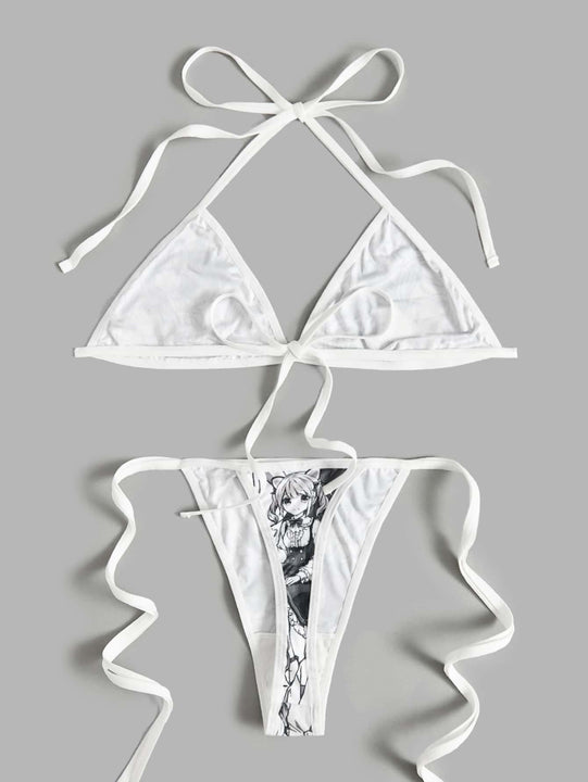 ROMWE Anime Set de lenceria con estampado de figura halter con cordon lateral