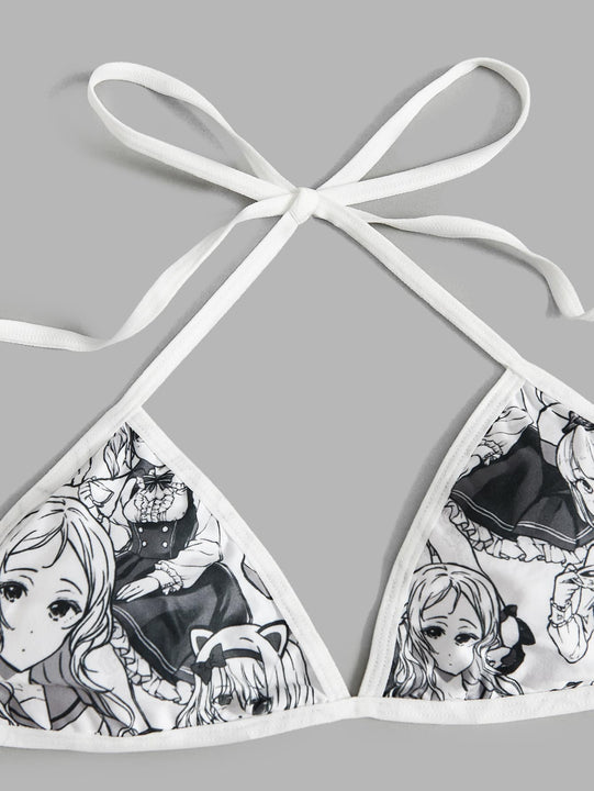 ROMWE Anime Set de lenceria con estampado de figura halter con cordon lateral