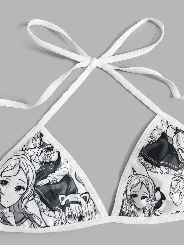 ROMWE Anime Set de lenceria con estampado de figura halter con cordon lateral
