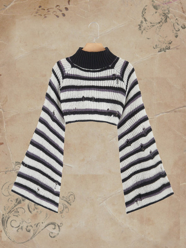 ROMWE Fairycore Jersey de rayas de cuello cisne desgarro