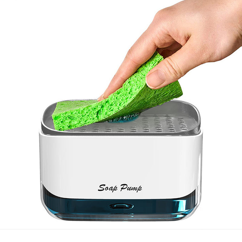 Dispensador de Jabón Easy-Press con Esponja para Limpieza de Cocina y Baño – Dispensador de Bomba de Plástico Blanco con Esponjas de Fregado Verdes, No Requiere Pilas, Dispensador de Jabón para Baño
