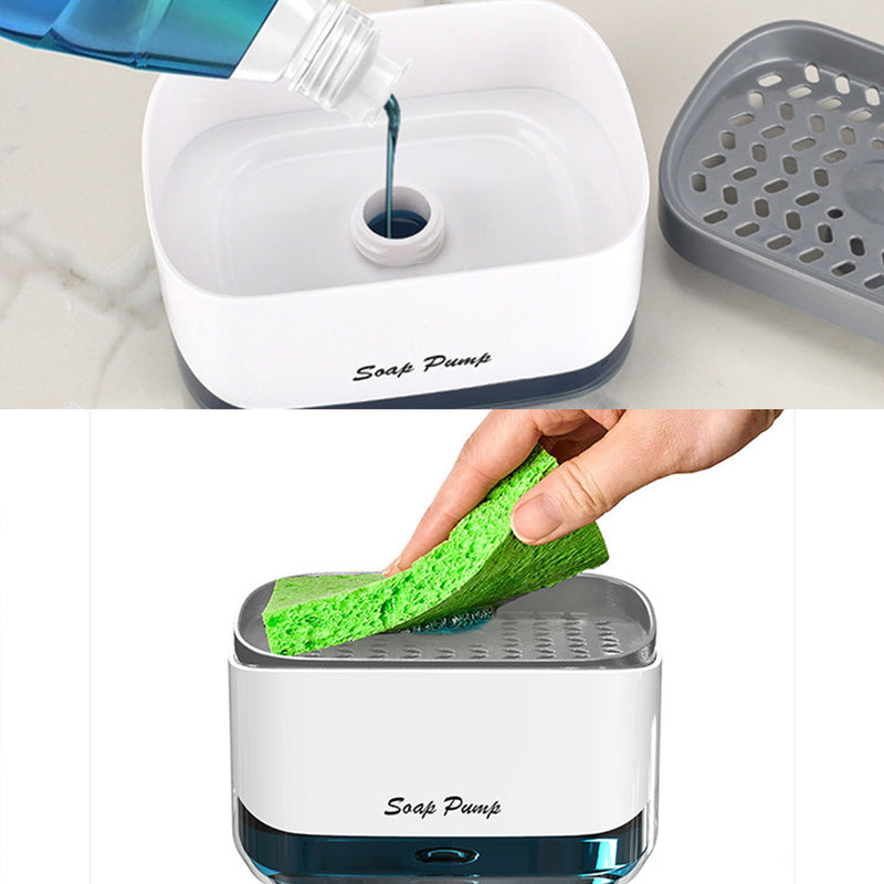 Dispensador de Jabón Easy-Press con Esponja para Limpieza de Cocina y Baño – Dispensador de Bomba de Plástico Blanco con Esponjas de Fregado Verdes, No Requiere Pilas, Dispensador de Jabón para Baño