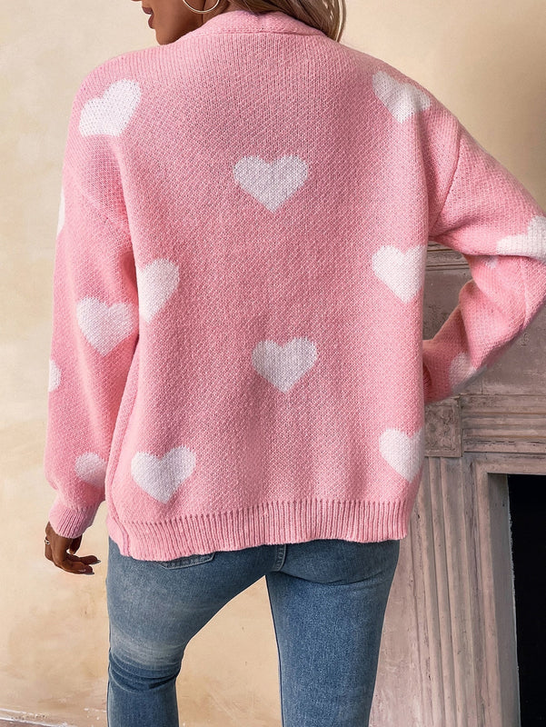Essnce cardigan informal holgado monobotonadura de manga larga con caida en los hombros y estampado de corazon para mujer, otono/invierno