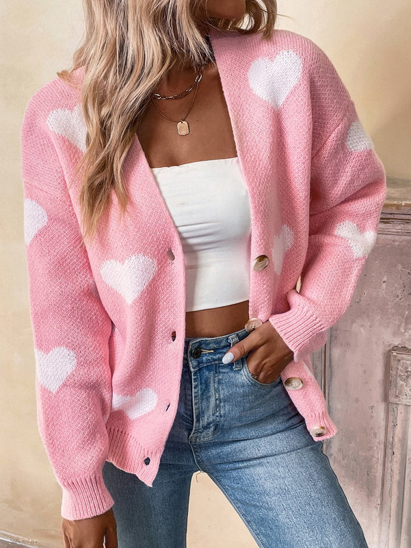 Essnce cardigan informal holgado monobotonadura de manga larga con caida en los hombros y estampado de corazon para mujer, otono/invierno