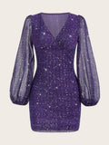 Vestido ajustado de cuello profundo de manga farol con lentejuelas