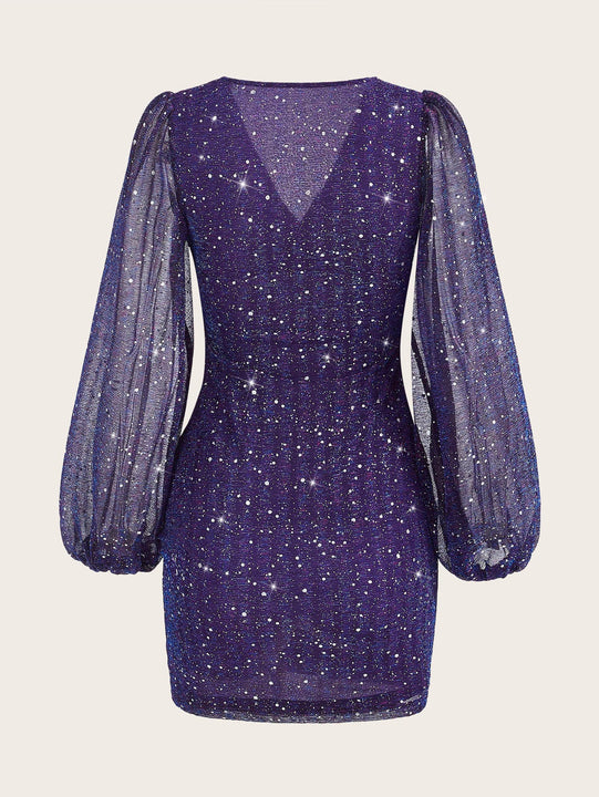 Vestido ajustado de cuello profundo de manga farol con lentejuelas