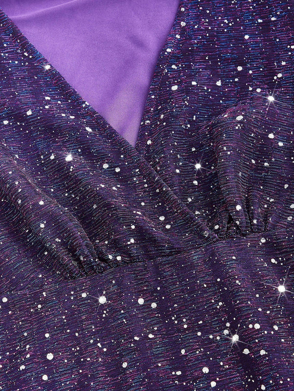 Vestido ajustado de cuello profundo de manga farol con lentejuelas