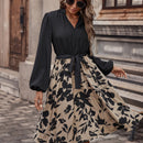 Vestido con cinturon con estampado floral de manga farol de cuello notch