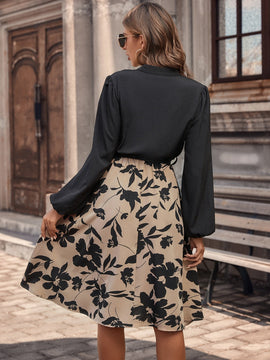 Vestido con cinturon con estampado floral de manga farol de cuello notch