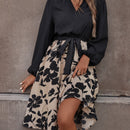 Vestido con cinturon con estampado floral de manga farol de cuello notch