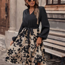 Vestido con cinturon con estampado floral de manga farol de cuello notch