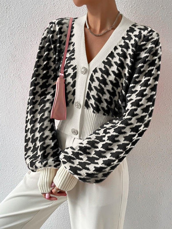 Essnce cardigan casual de mujer con botones y mangas de farol, dobladillo ancho y estampado de pata de gallo
