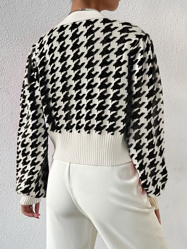 Essnce cardigan casual de mujer con botones y mangas de farol, dobladillo ancho y estampado de pata de gallo